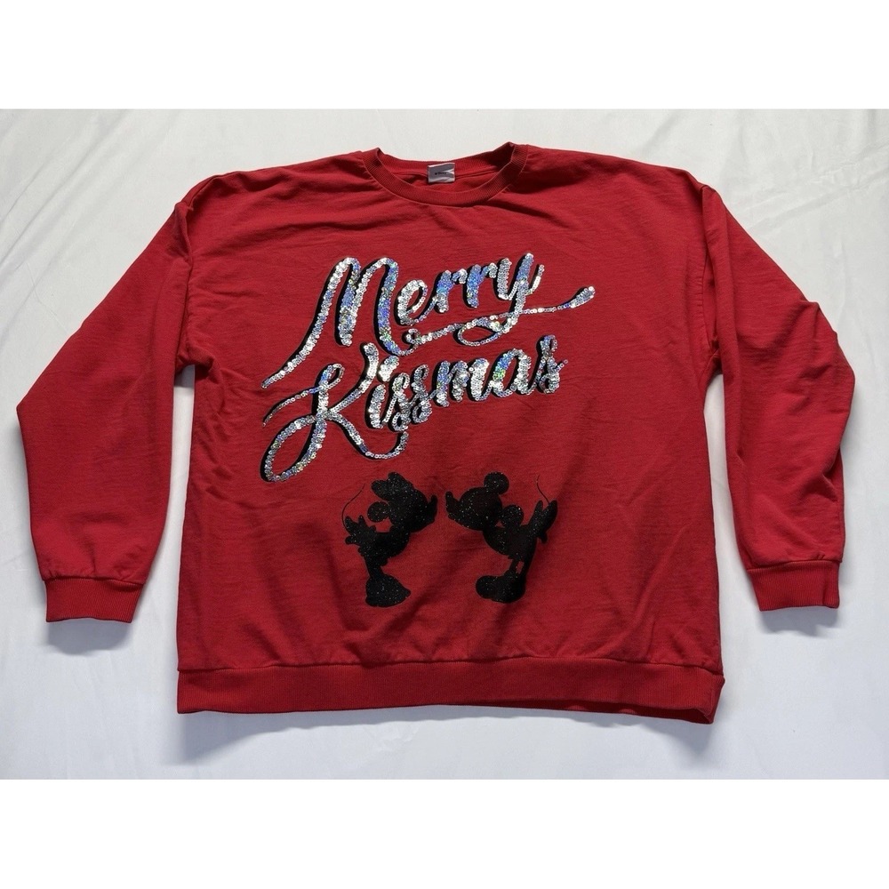 Disney Merry Kissmas Mickey Minnie Red Sweatshirt Womens XL sparkle graphic